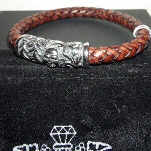 Blackjack Skull Brown Leather & Stainless Steel Bracelet